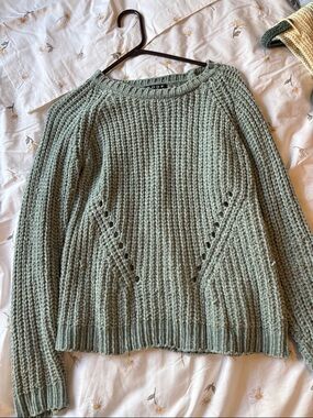 Poof! Sage Green Open Knit Crewneck Sweater